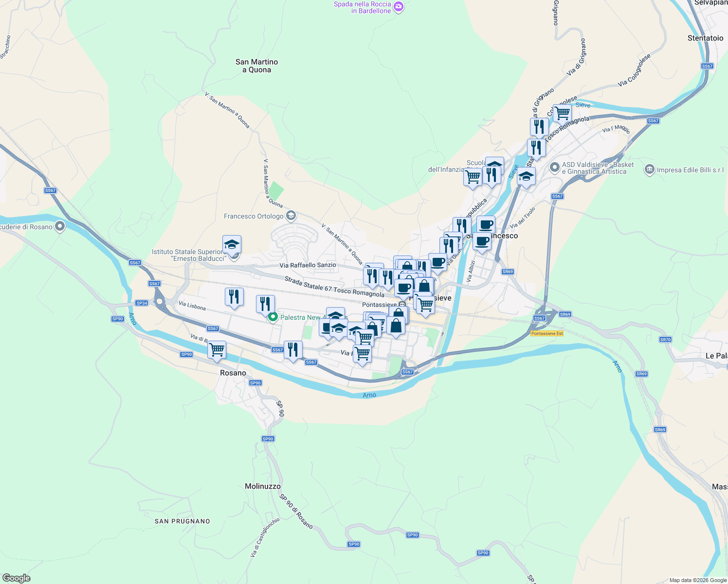 map of restaurants, bars, coffee shops, grocery stores, and more near 30b Via Aretina in Pontassieve