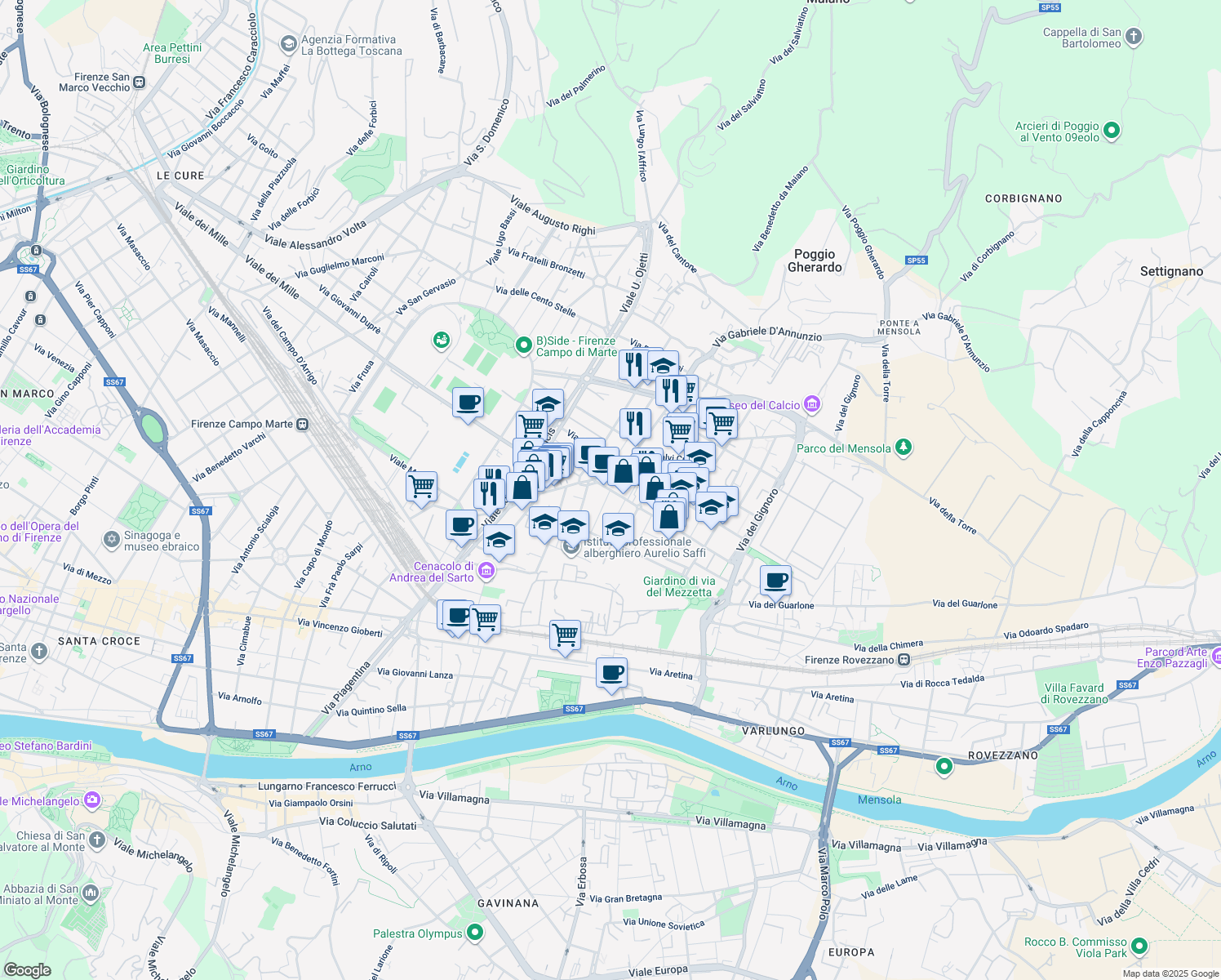 map of restaurants, bars, coffee shops, grocery stores, and more near 23 Via dei Frullani in Florence