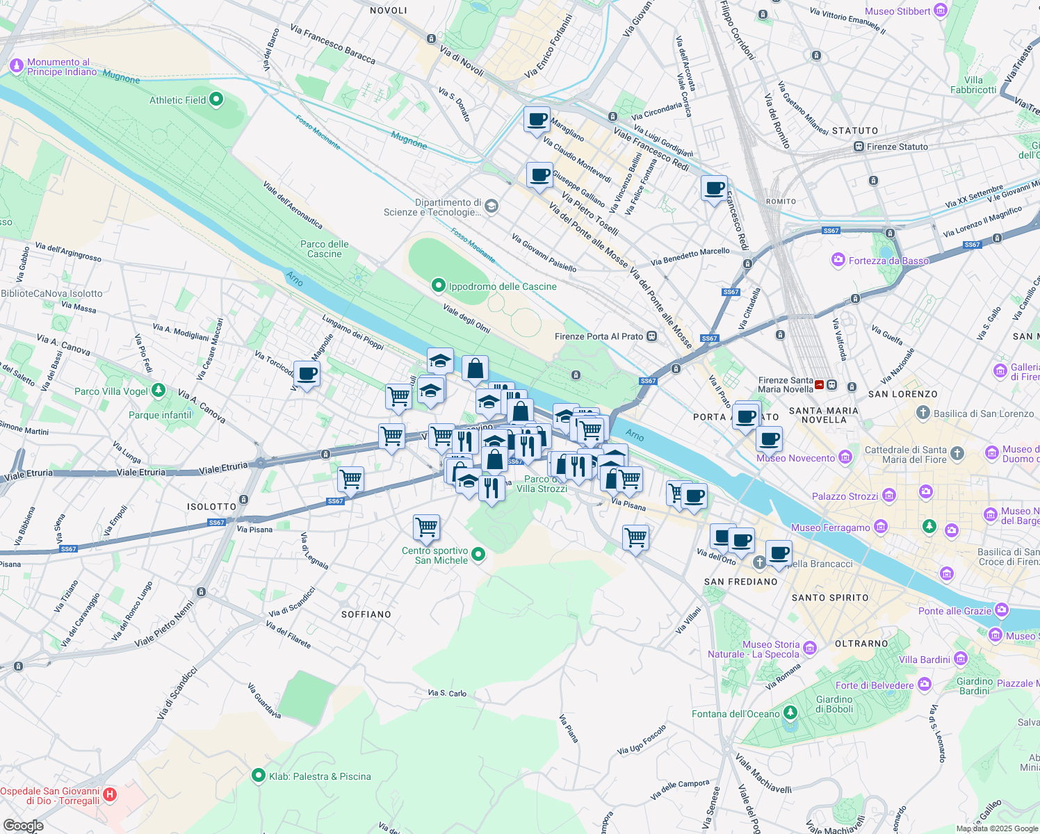 map of restaurants, bars, coffee shops, grocery stores, and more near 18-20 Via del Pignoncino in Florence