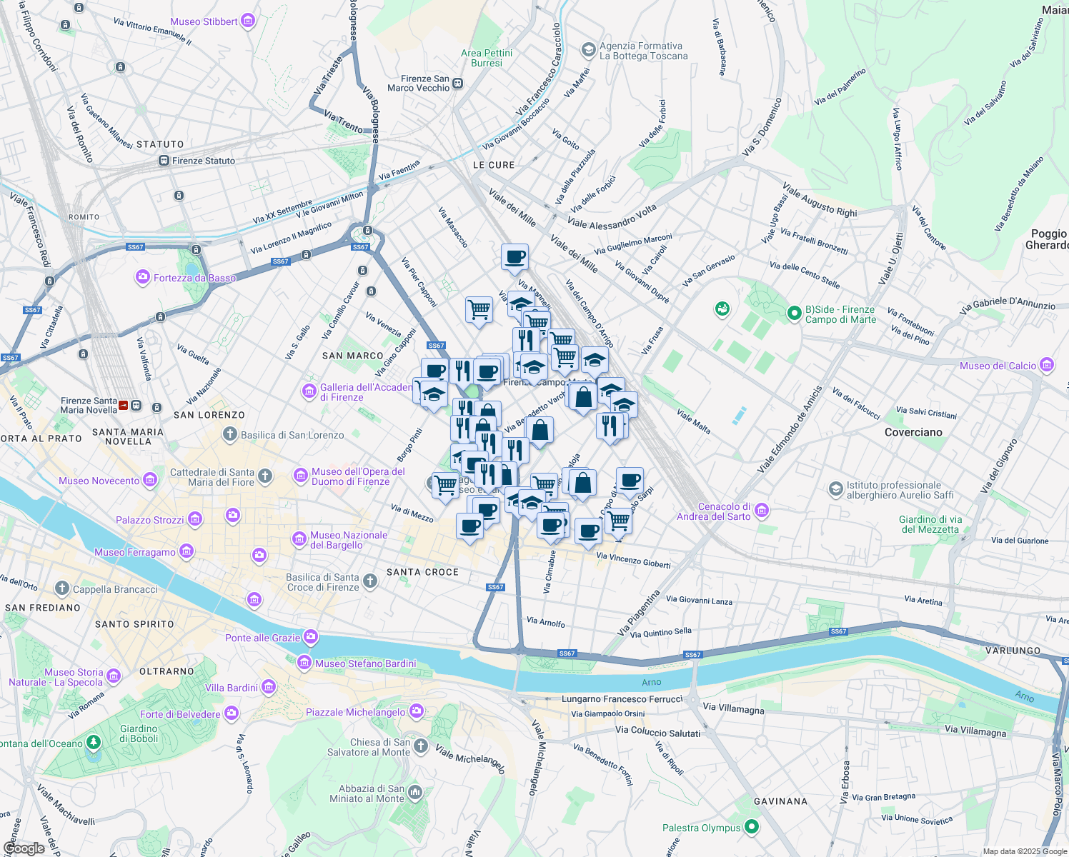 map of restaurants, bars, coffee shops, grocery stores, and more near 19 Via Benedetto Varchi in Firenze