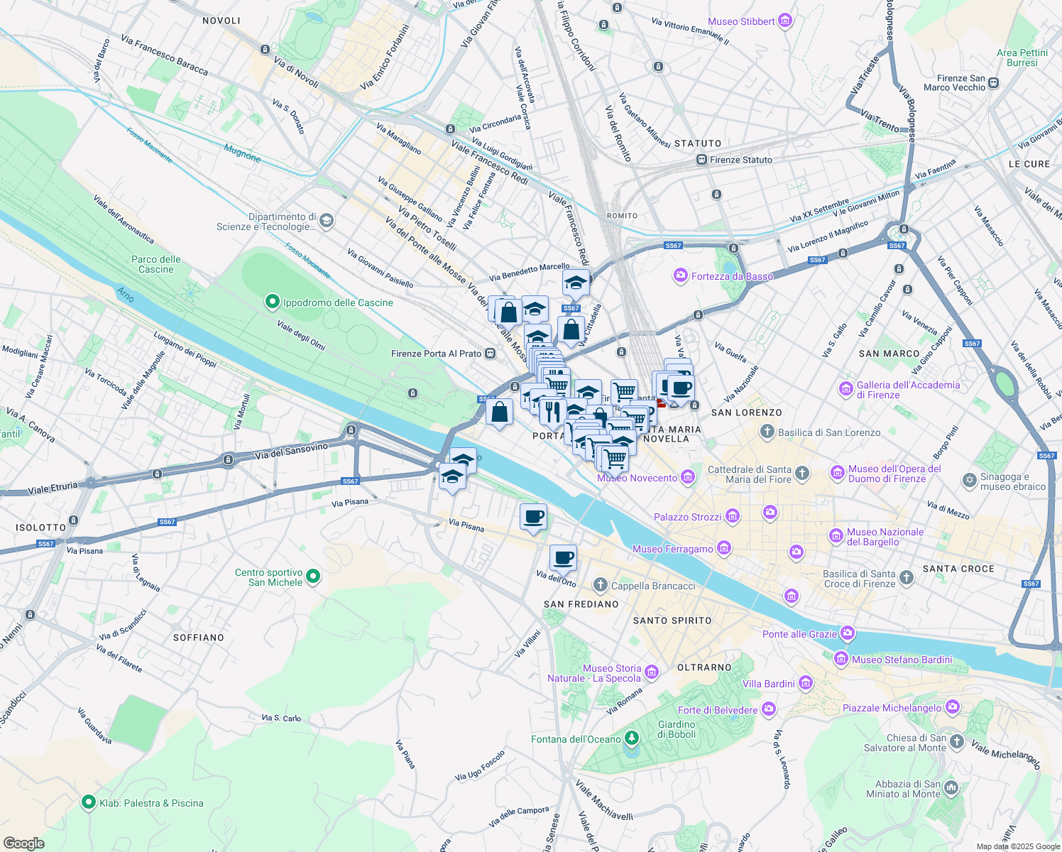map of restaurants, bars, coffee shops, grocery stores, and more near 7 Via Magenta in Firenze