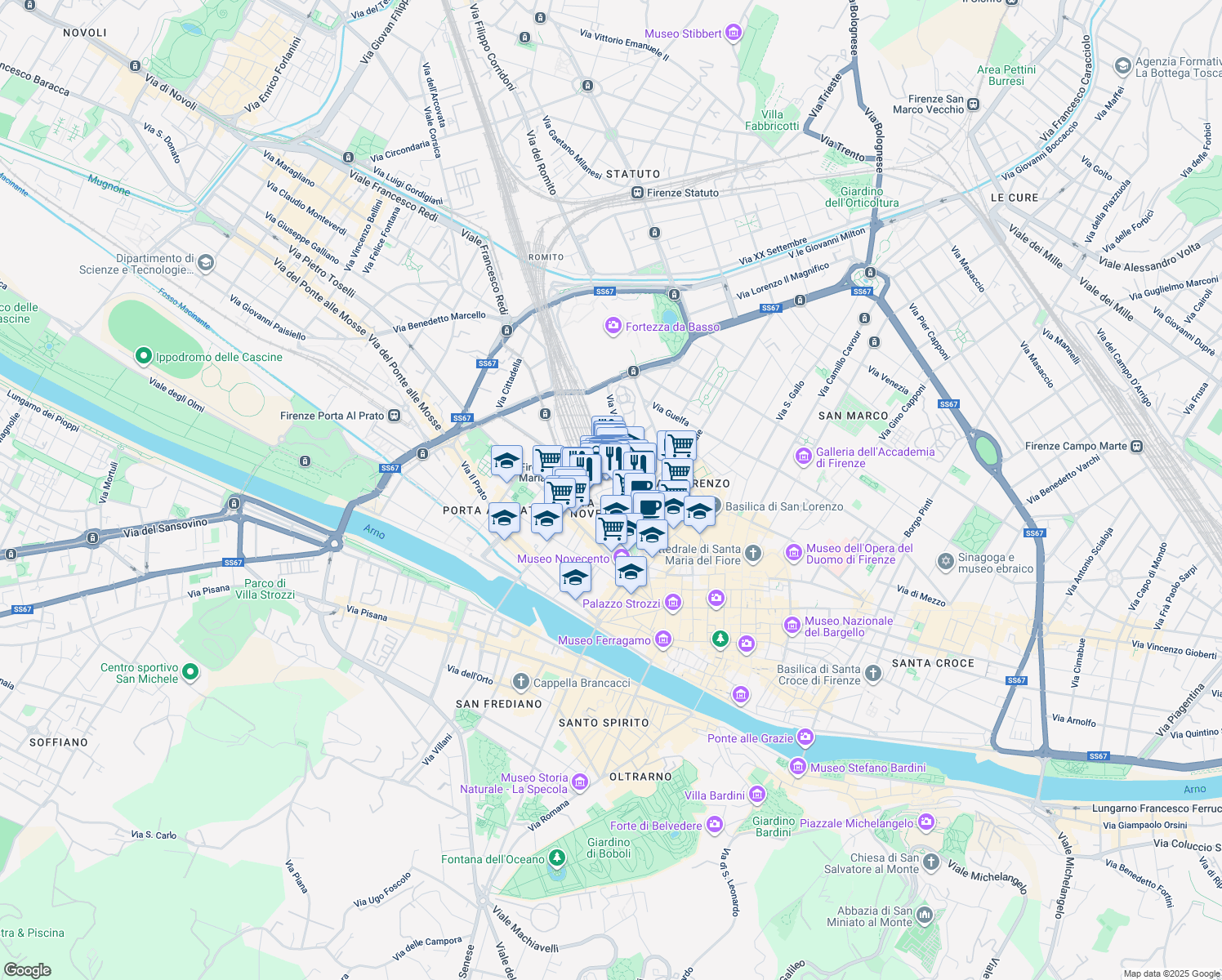 map of restaurants, bars, coffee shops, grocery stores, and more near 14/25 Piazza della Stazione in Firenze