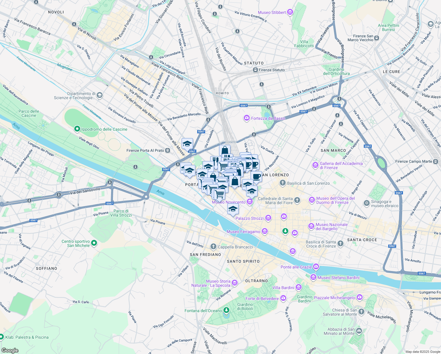 map of restaurants, bars, coffee shops, grocery stores, and more near 17 Via degli Orti Oricellari in Firenze