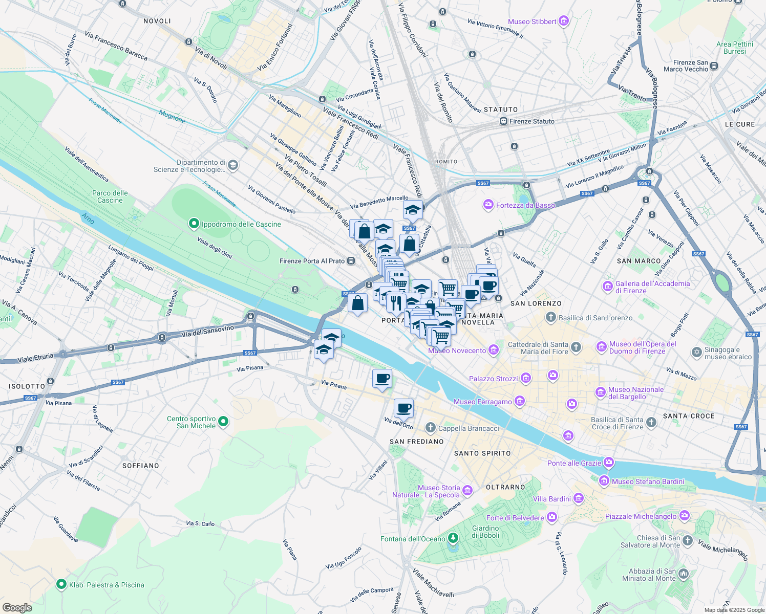 map of restaurants, bars, coffee shops, grocery stores, and more near 7 Via Magenta in Florence