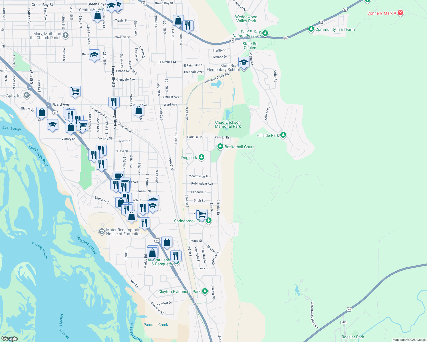map of restaurants, bars, coffee shops, grocery stores, and more near 3205 Elm Dr in La Crosse