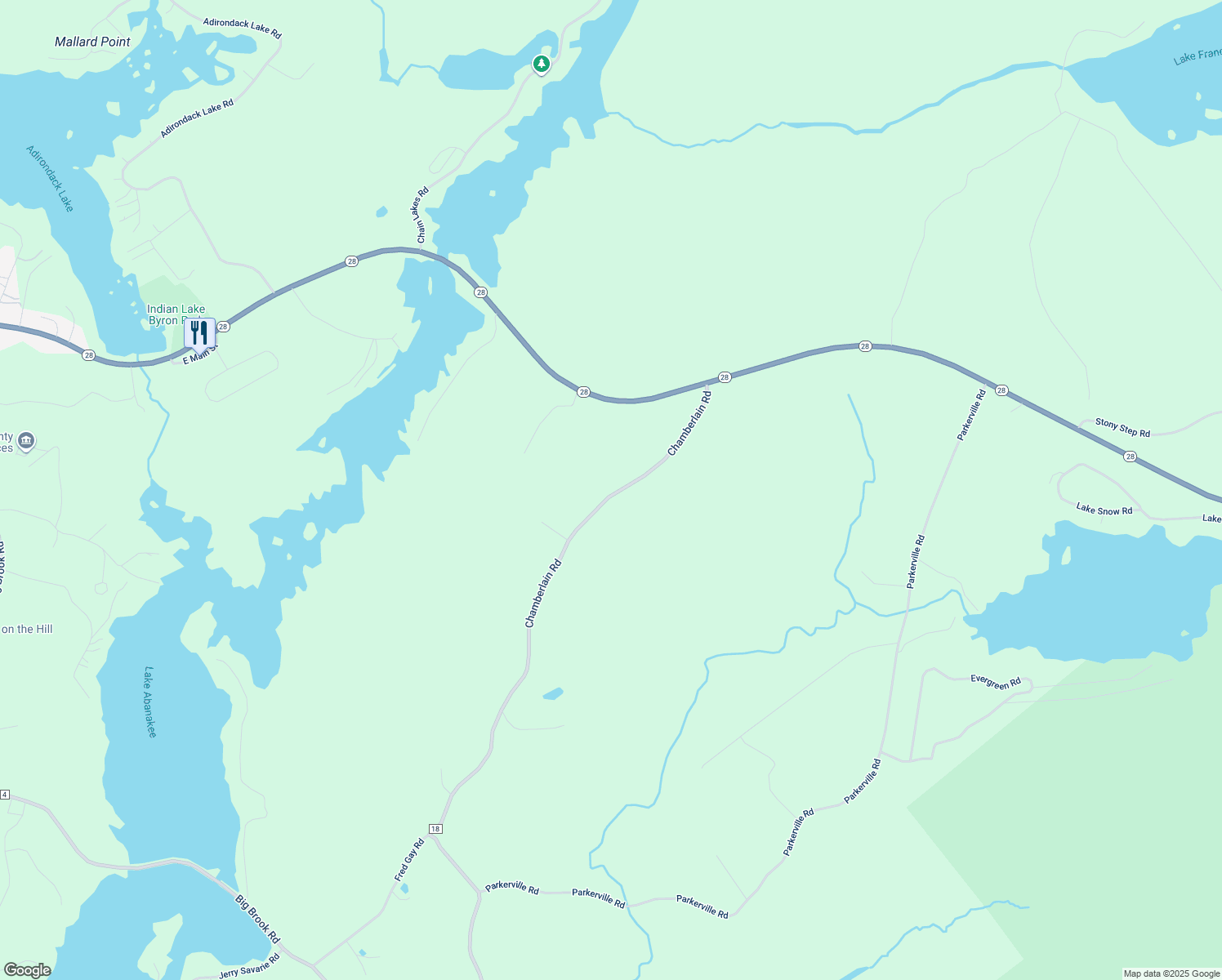 map of restaurants, bars, coffee shops, grocery stores, and more near County Road 18 in Indian Lake