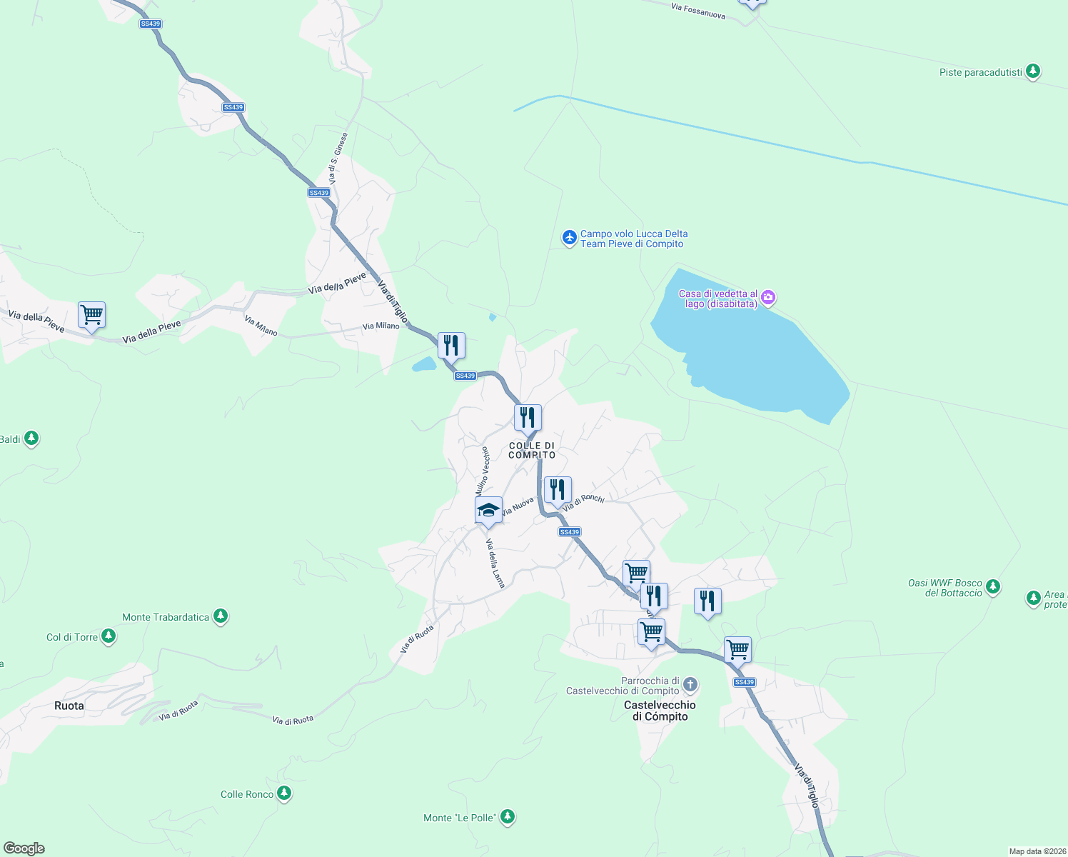 map of restaurants, bars, coffee shops, grocery stores, and more near 723A Via di Tiglio in Capannori