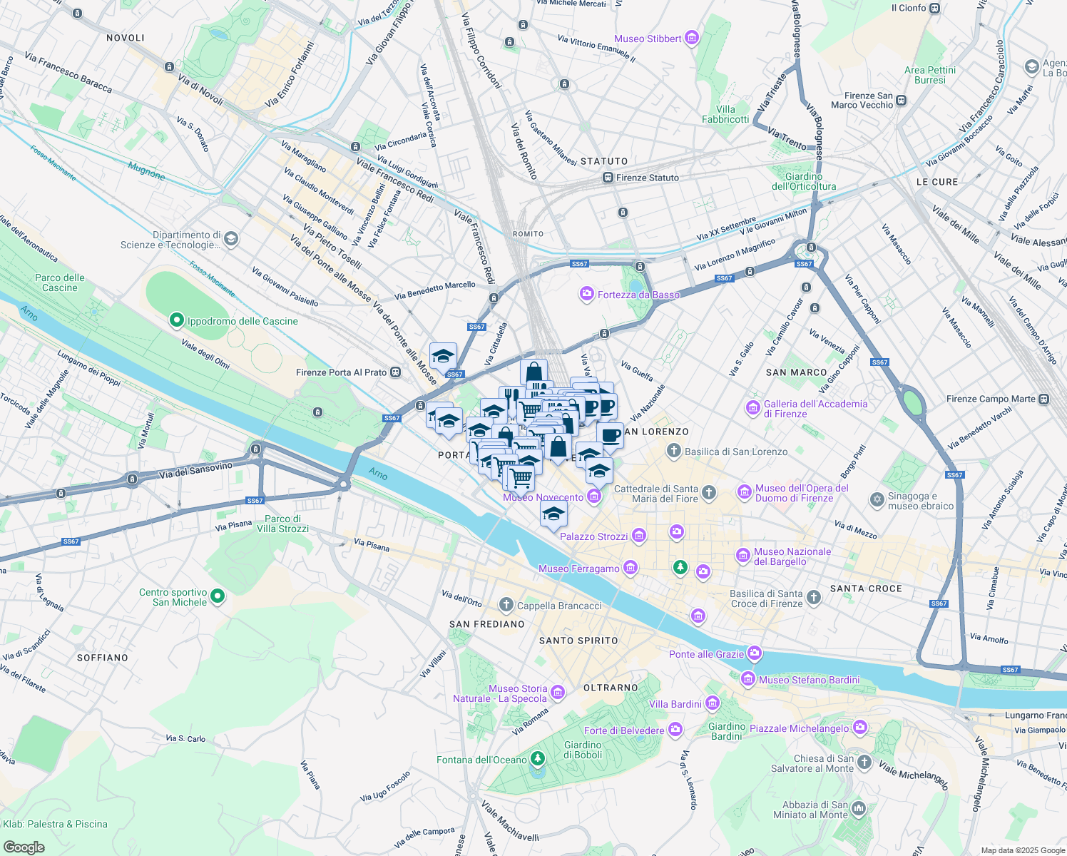 map of restaurants, bars, coffee shops, grocery stores, and more near 17 Via degli Orti Oricellari in Firenze
