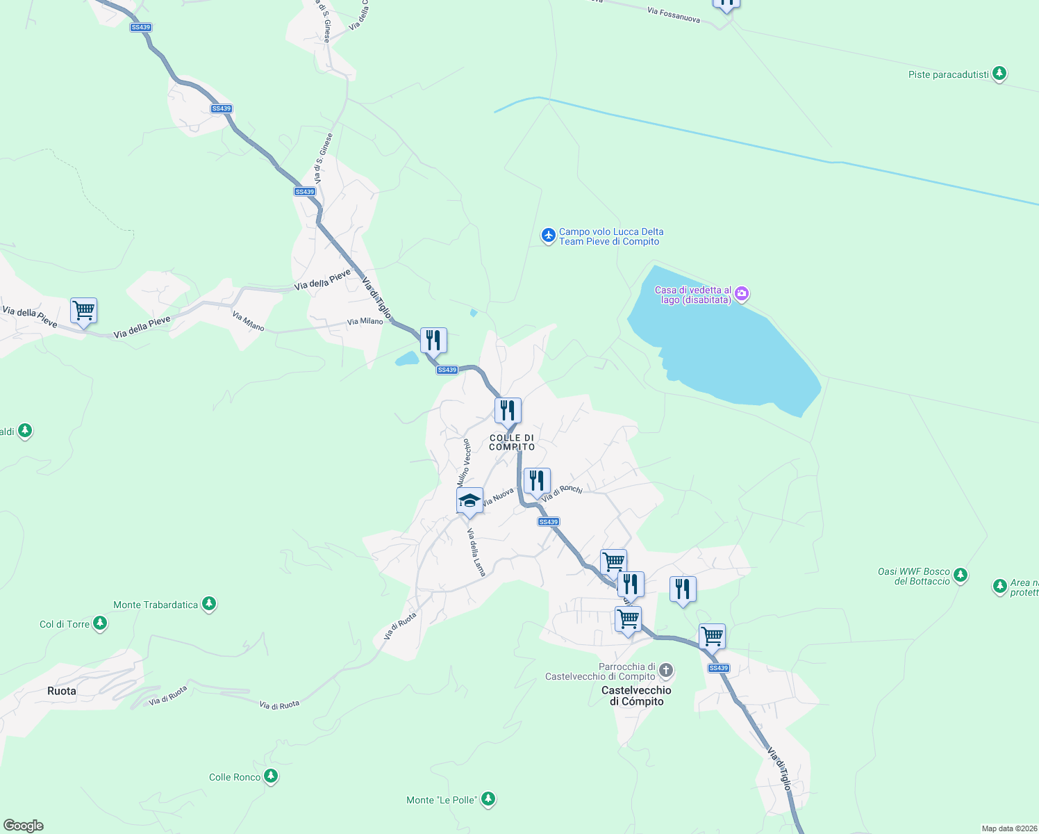 map of restaurants, bars, coffee shops, grocery stores, and more near 723A Via di Tiglio in Capannori