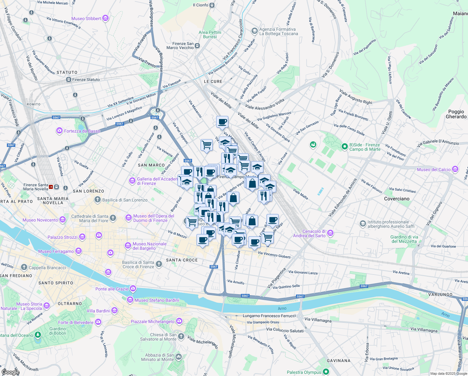 map of restaurants, bars, coffee shops, grocery stores, and more near 19 Via Benedetto Varchi in Florence