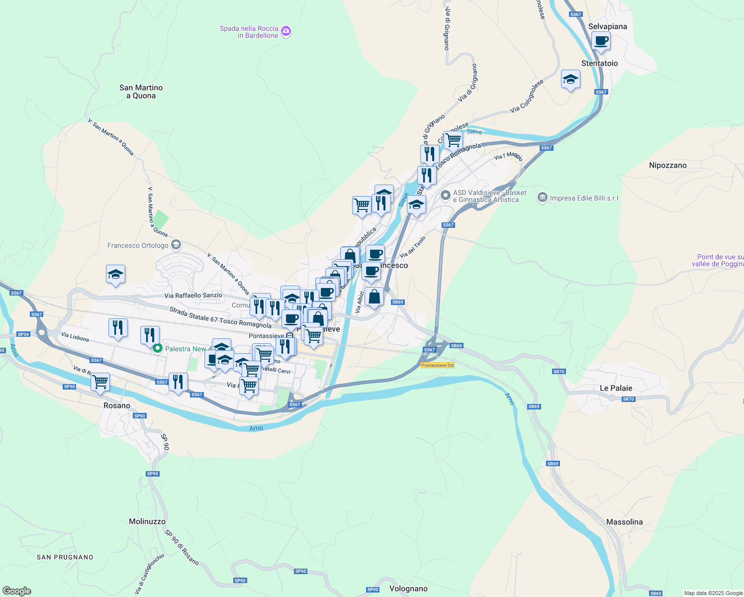 map of restaurants, bars, coffee shops, grocery stores, and more near Via Padre Reginaldo Giuliani in San Francesco