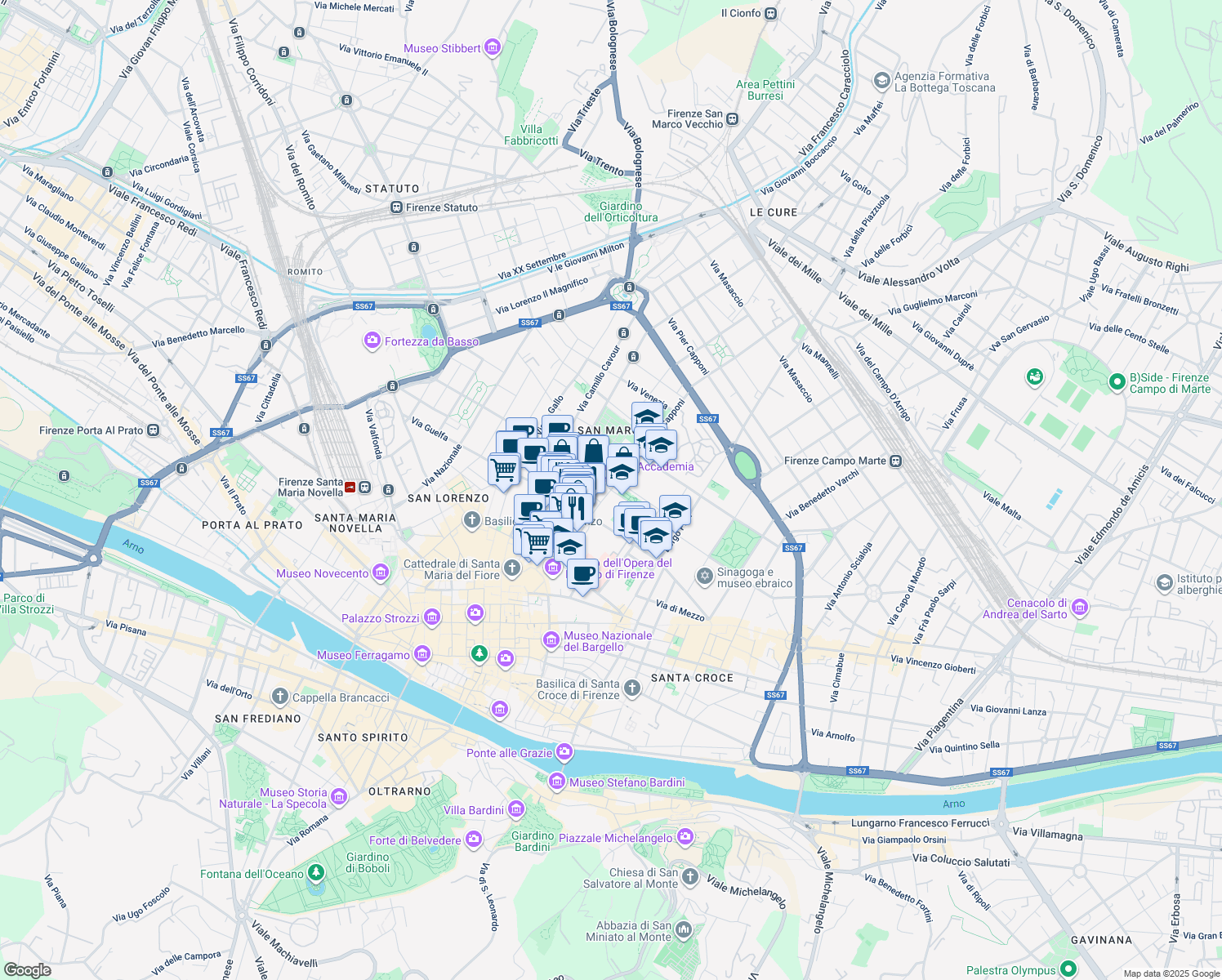 map of restaurants, bars, coffee shops, grocery stores, and more near 7 Piazza della Santissima Annunziata in Firenze