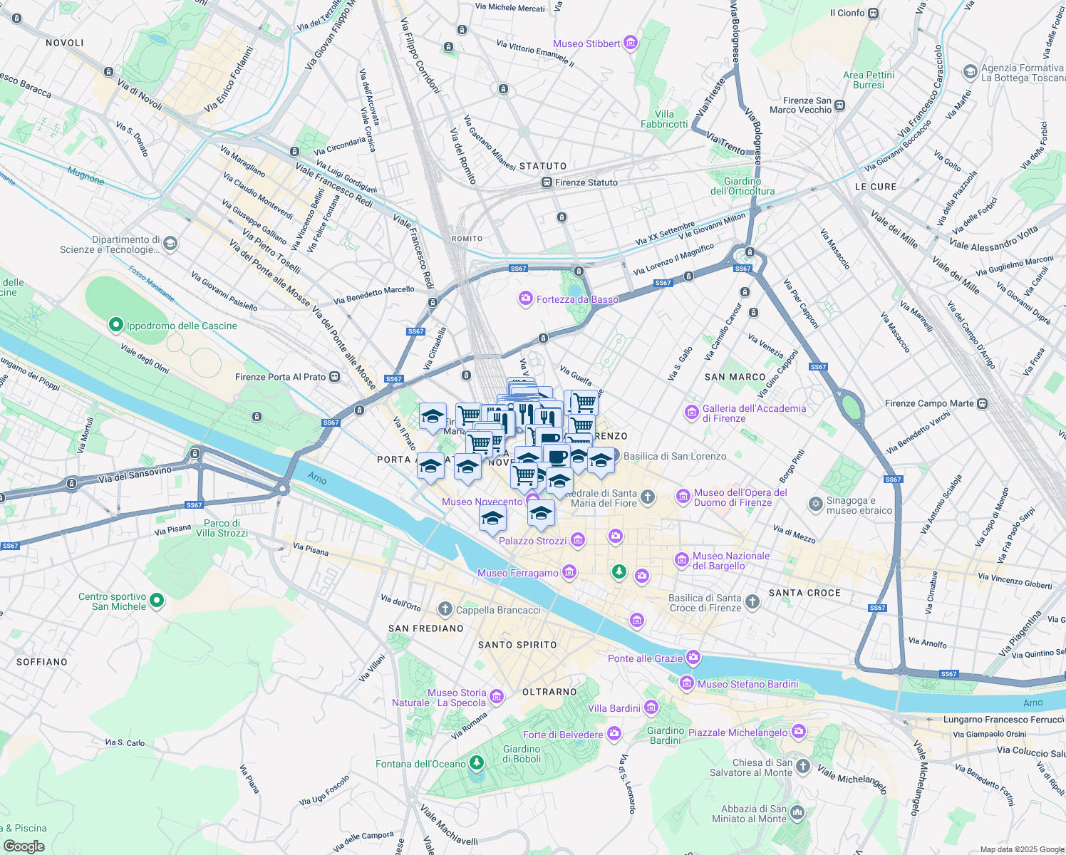 map of restaurants, bars, coffee shops, grocery stores, and more near 14/25 Piazza della Stazione in Firenze