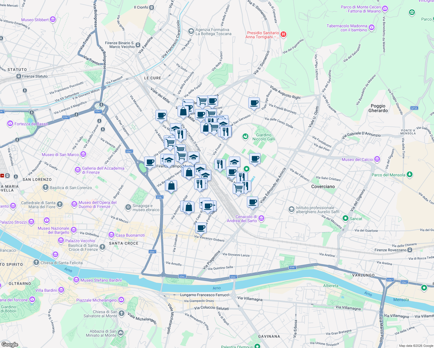 map of restaurants, bars, coffee shops, grocery stores, and more near 84 Via del Campo D'Arrigo in Firenze