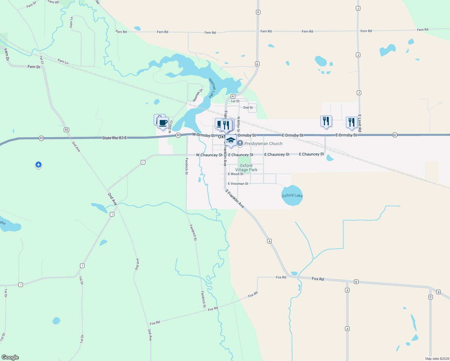 map of restaurants, bars, coffee shops, grocery stores, and more near 523 County Road A in Oxford