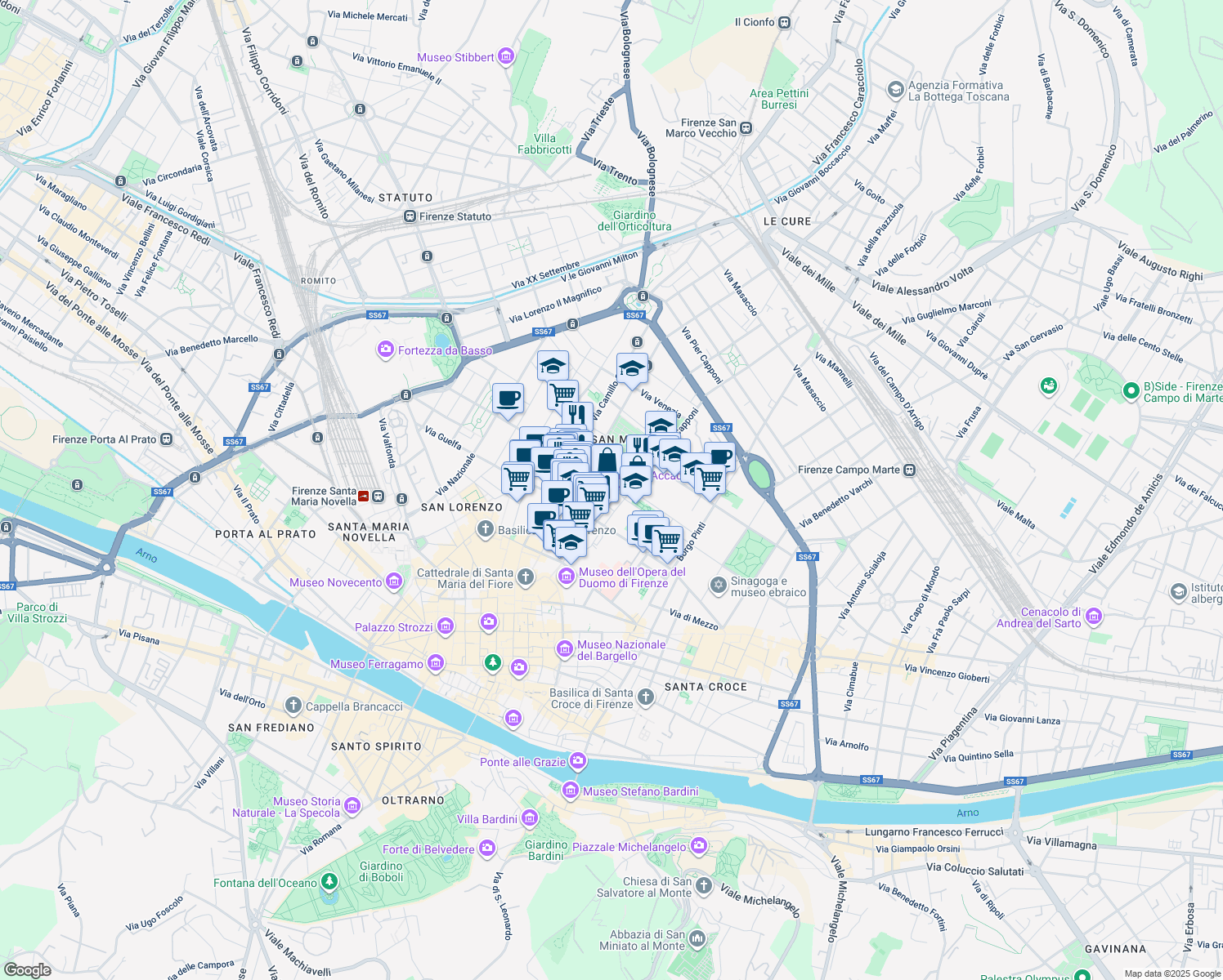 map of restaurants, bars, coffee shops, grocery stores, and more near 7 Piazza della Santissima Annunziata in Firenze
