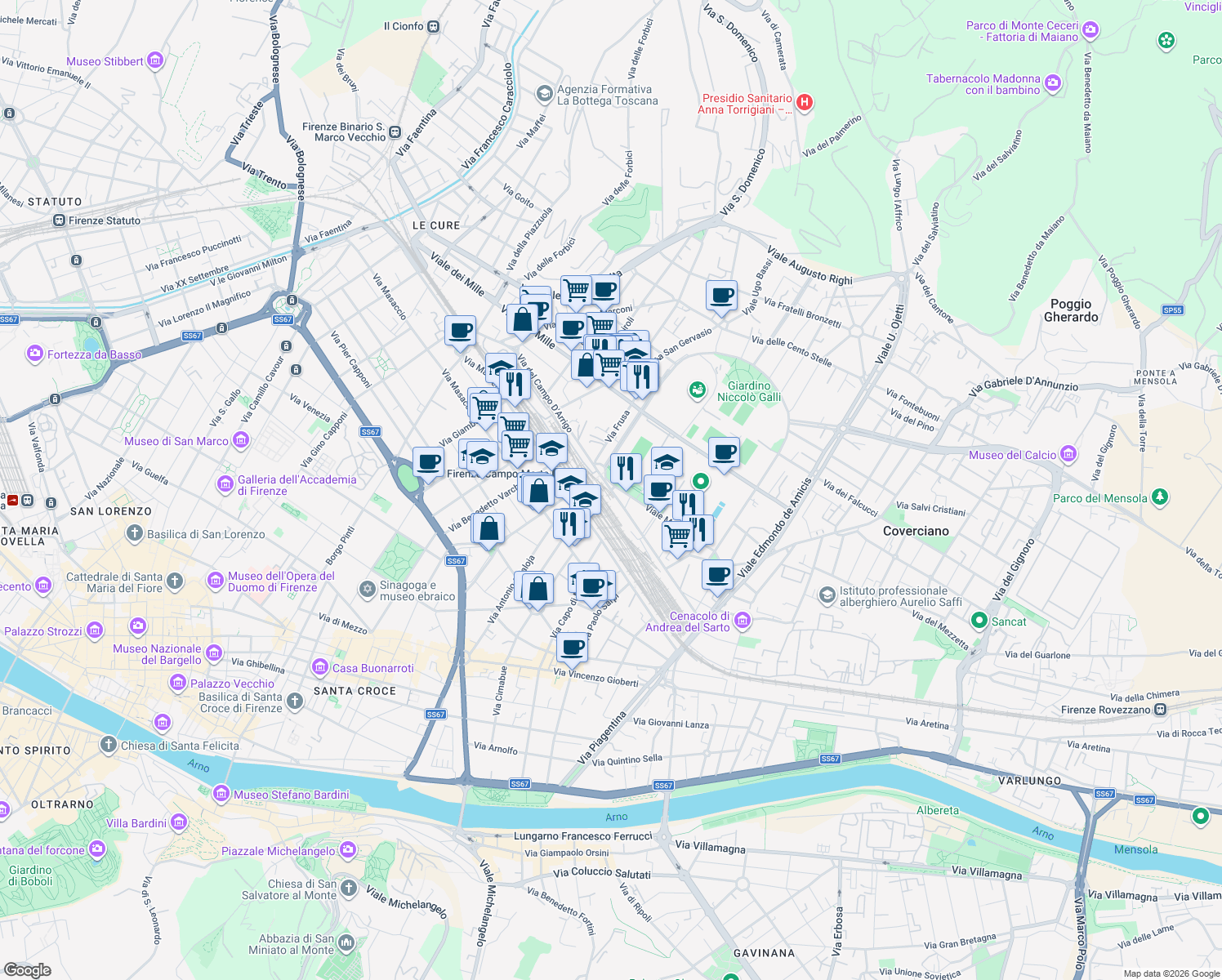 map of restaurants, bars, coffee shops, grocery stores, and more near 84 Via del Campo D'Arrigo in Florence