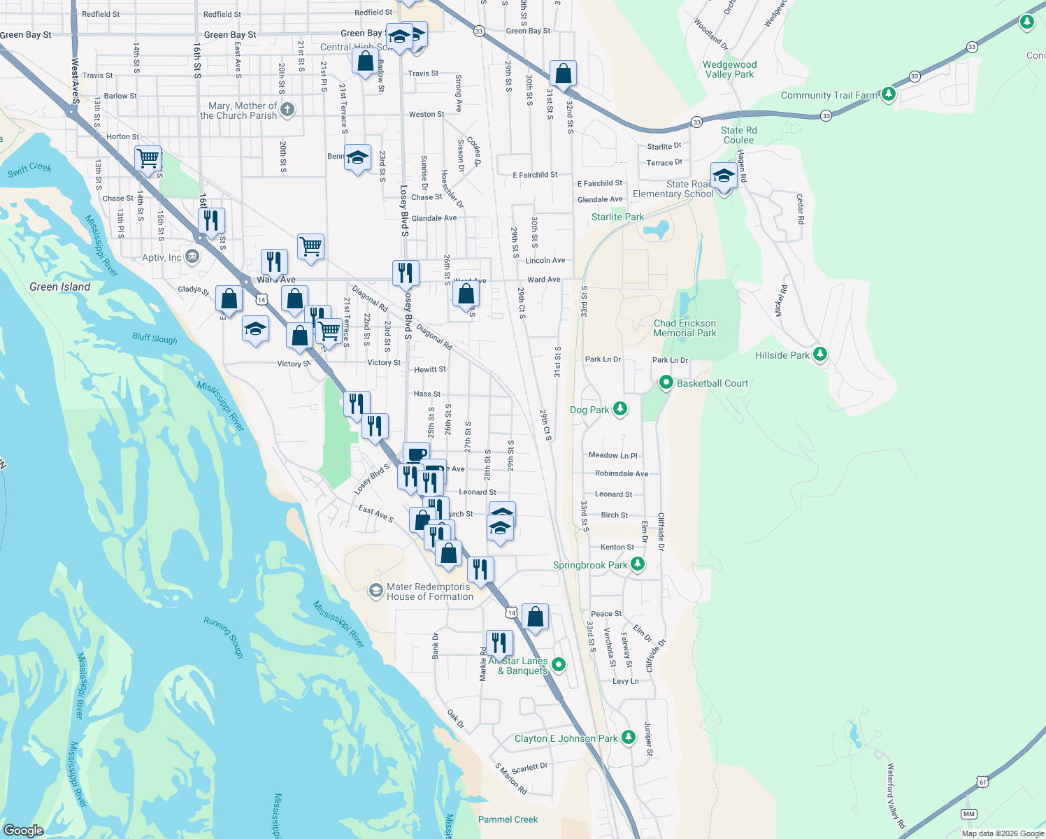 map of restaurants, bars, coffee shops, grocery stores, and more near 2912 Jane Street in La Crosse