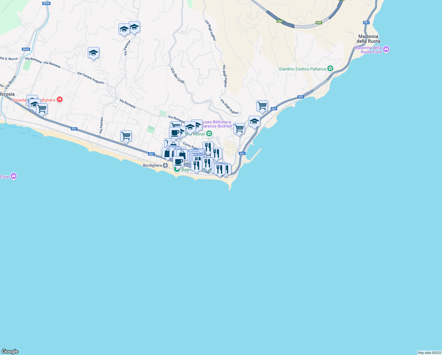 map of restaurants, bars, coffee shops, grocery stores, and more near 32 Via Sant'Ampelio in Bordighera