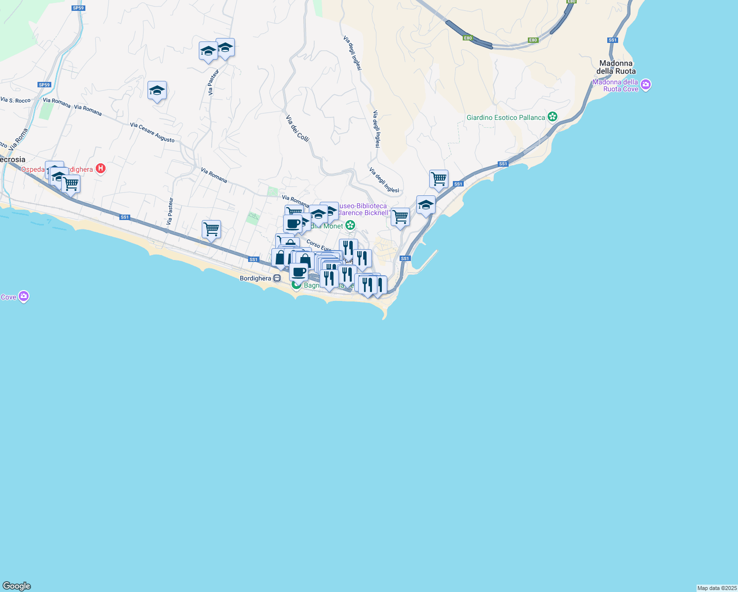 map of restaurants, bars, coffee shops, grocery stores, and more near in Bordighera