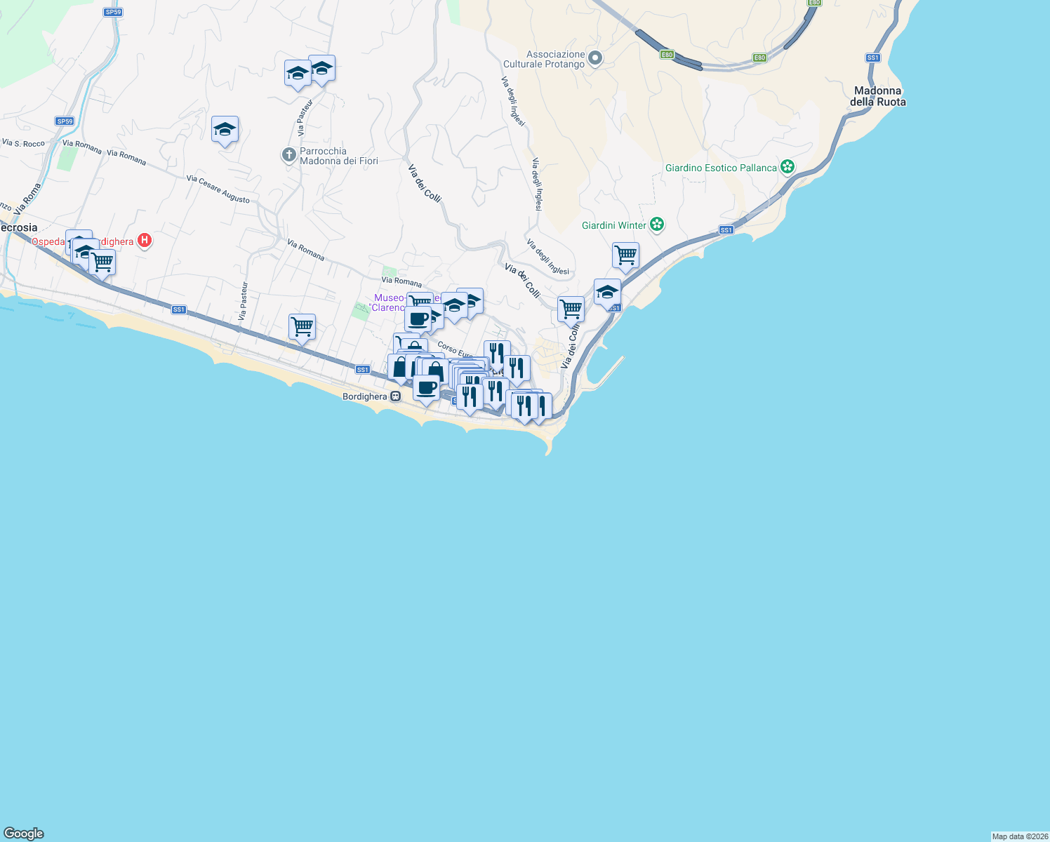 map of restaurants, bars, coffee shops, grocery stores, and more near 32 Via Sant'Ampelio in Bordighera