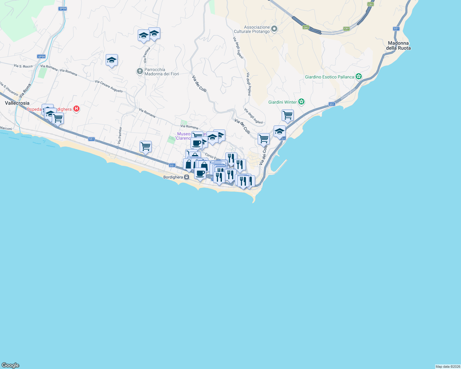 map of restaurants, bars, coffee shops, grocery stores, and more near in Bordighera