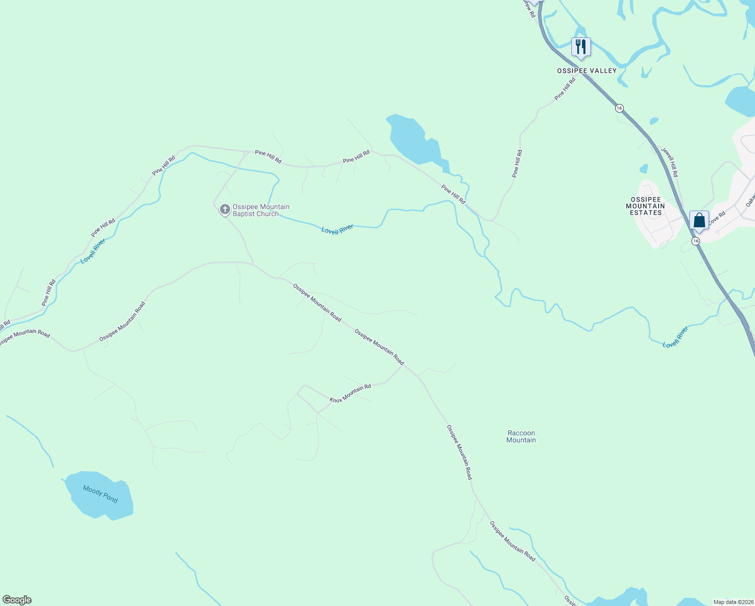 map of restaurants, bars, coffee shops, grocery stores, and more near 31 Pinder Mill Road in Ossipee