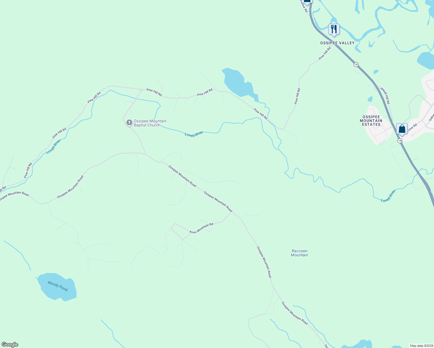 map of restaurants, bars, coffee shops, grocery stores, and more near 31 Pinder Mill Road in Ossipee