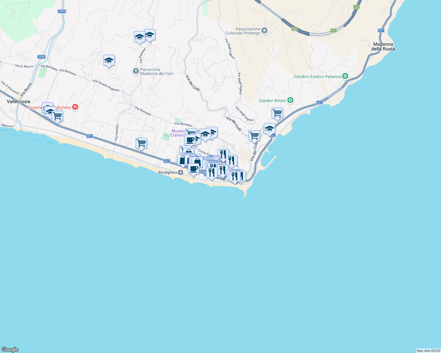 map of restaurants, bars, coffee shops, grocery stores, and more near 8 Via Sant'Ampelio in Bordighera