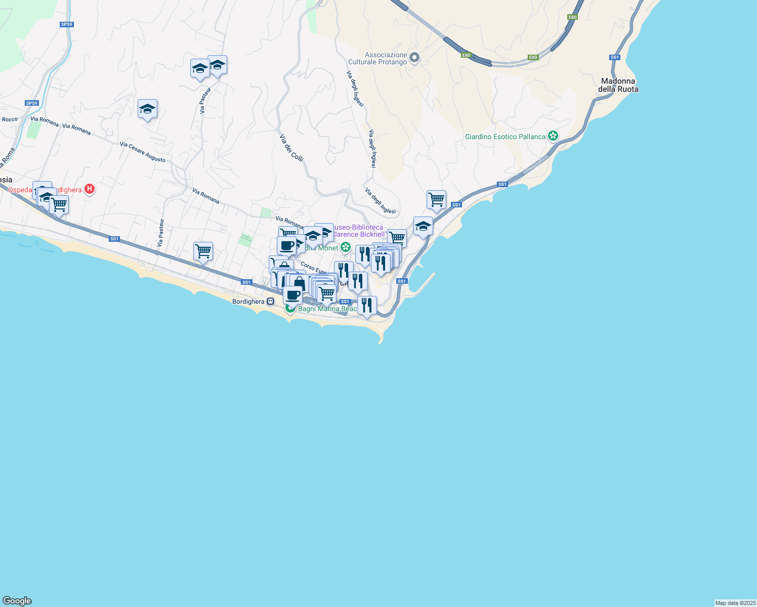 map of restaurants, bars, coffee shops, grocery stores, and more near Corso Francesco Rossi in Bordighera