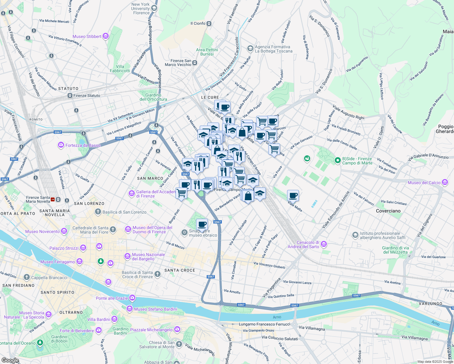 map of restaurants, bars, coffee shops, grocery stores, and more near 34 Via Giambologna in Firenze