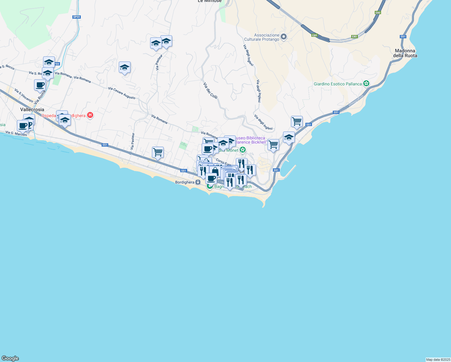 map of restaurants, bars, coffee shops, grocery stores, and more near 30 Via della Libertà in Bordighera