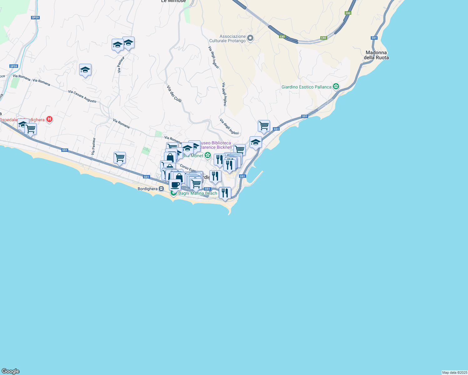 map of restaurants, bars, coffee shops, grocery stores, and more near Corso Francesco Rossi in Bordighera