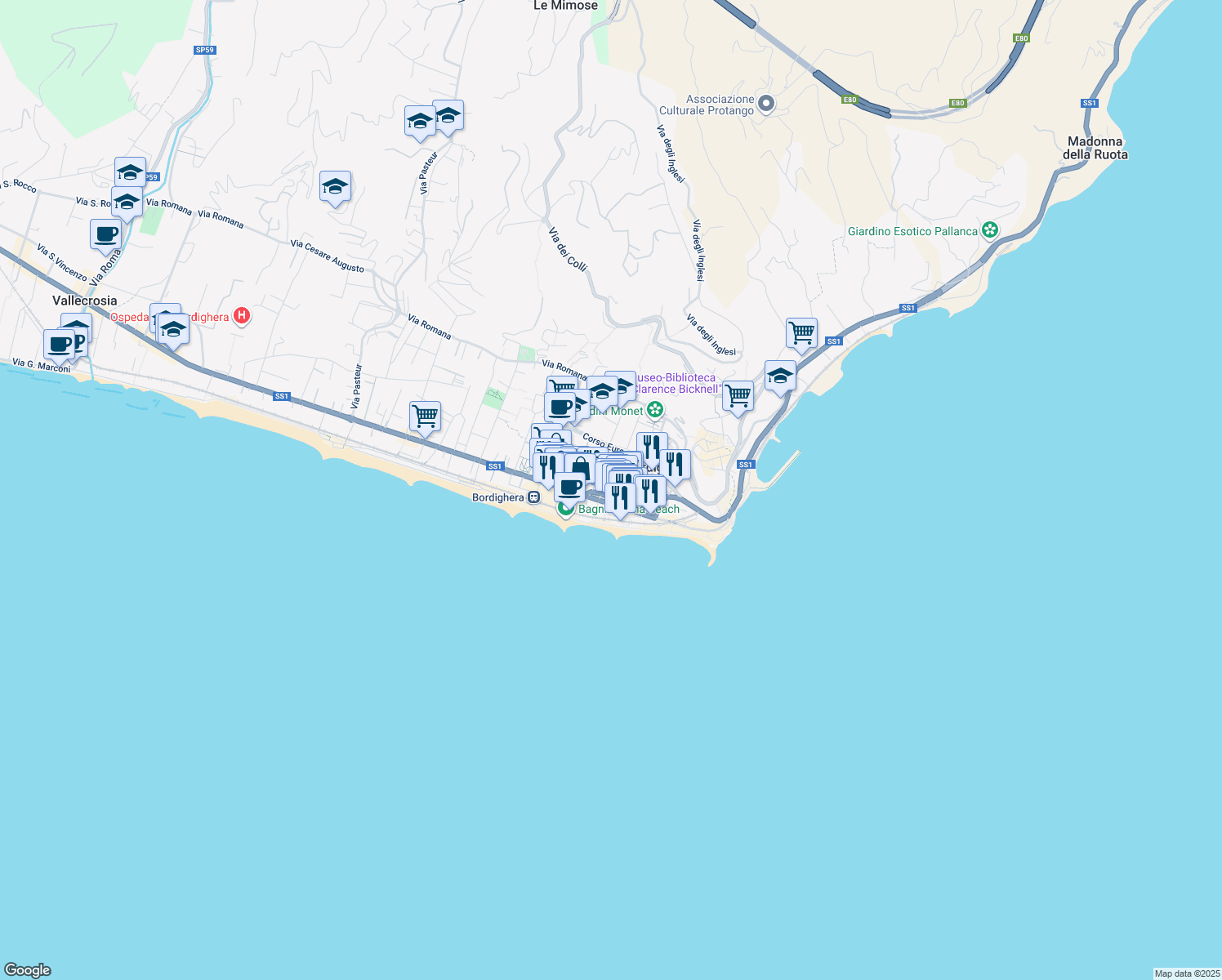 map of restaurants, bars, coffee shops, grocery stores, and more near 30 Via della Libertà in Bordighera