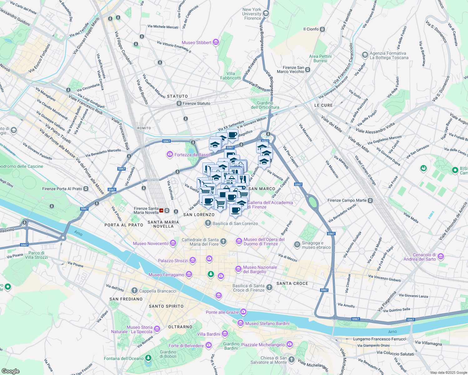map of restaurants, bars, coffee shops, grocery stores, and more near 33 Via San Gallo in Florence