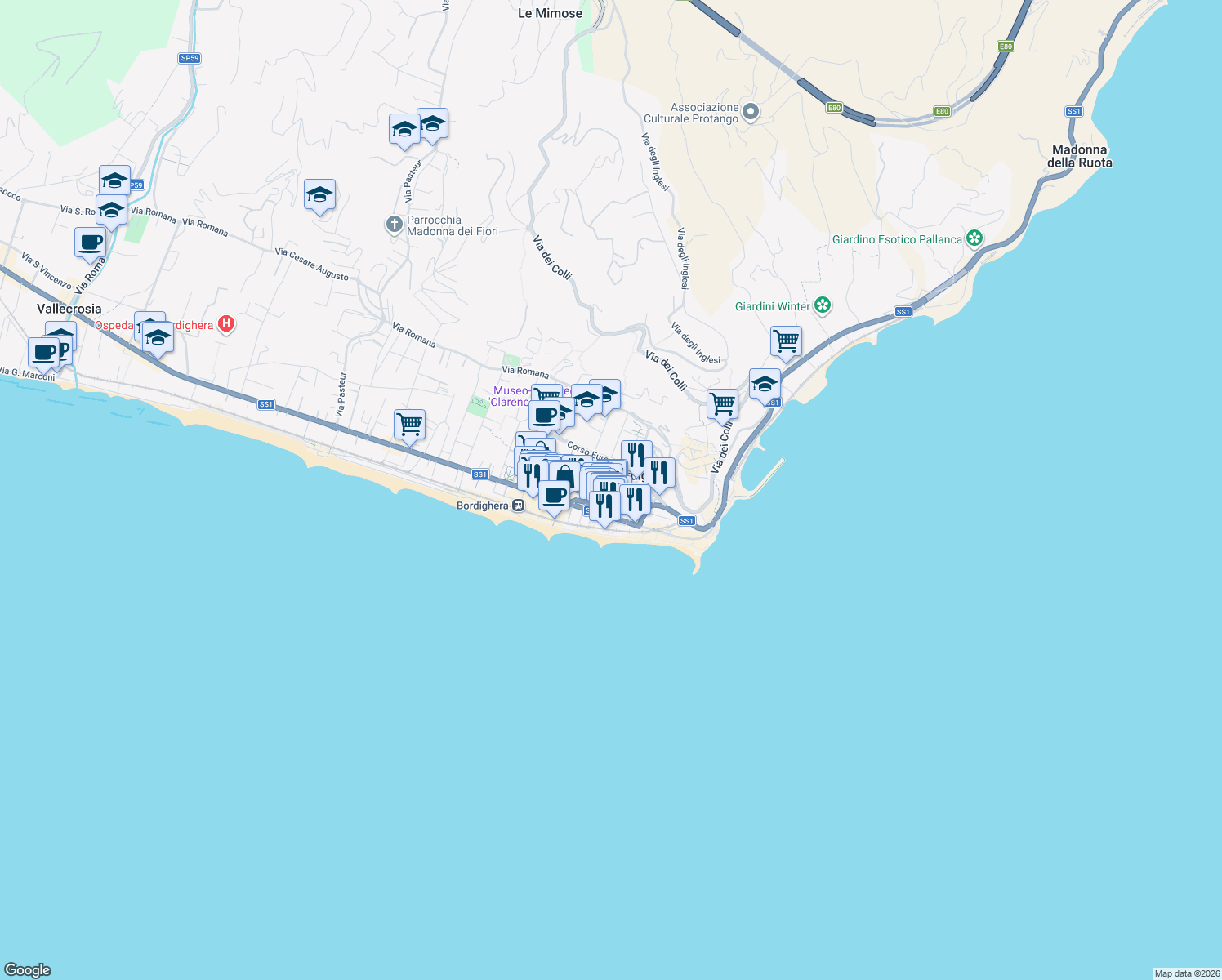 map of restaurants, bars, coffee shops, grocery stores, and more near 30 Via della Libertà in Bordighera
