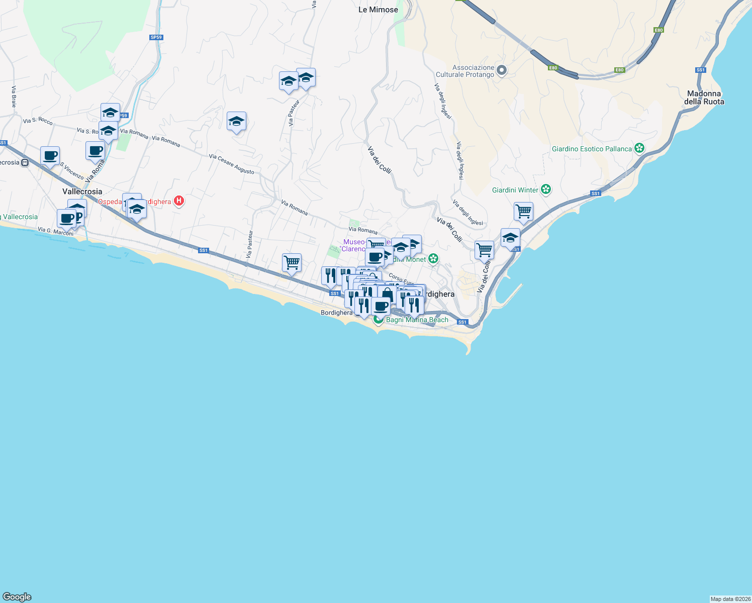 map of restaurants, bars, coffee shops, grocery stores, and more near 7 Via Generale Biamonti in Bordighera