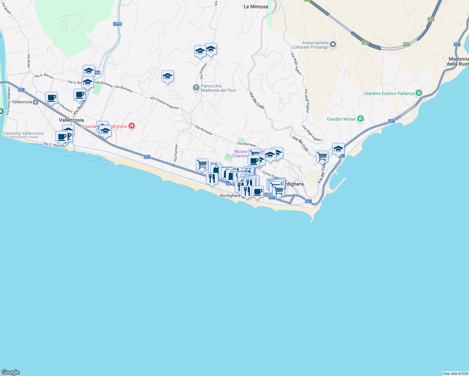 map of restaurants, bars, coffee shops, grocery stores, and more near 7 Lungomare Argentina in Bordighera