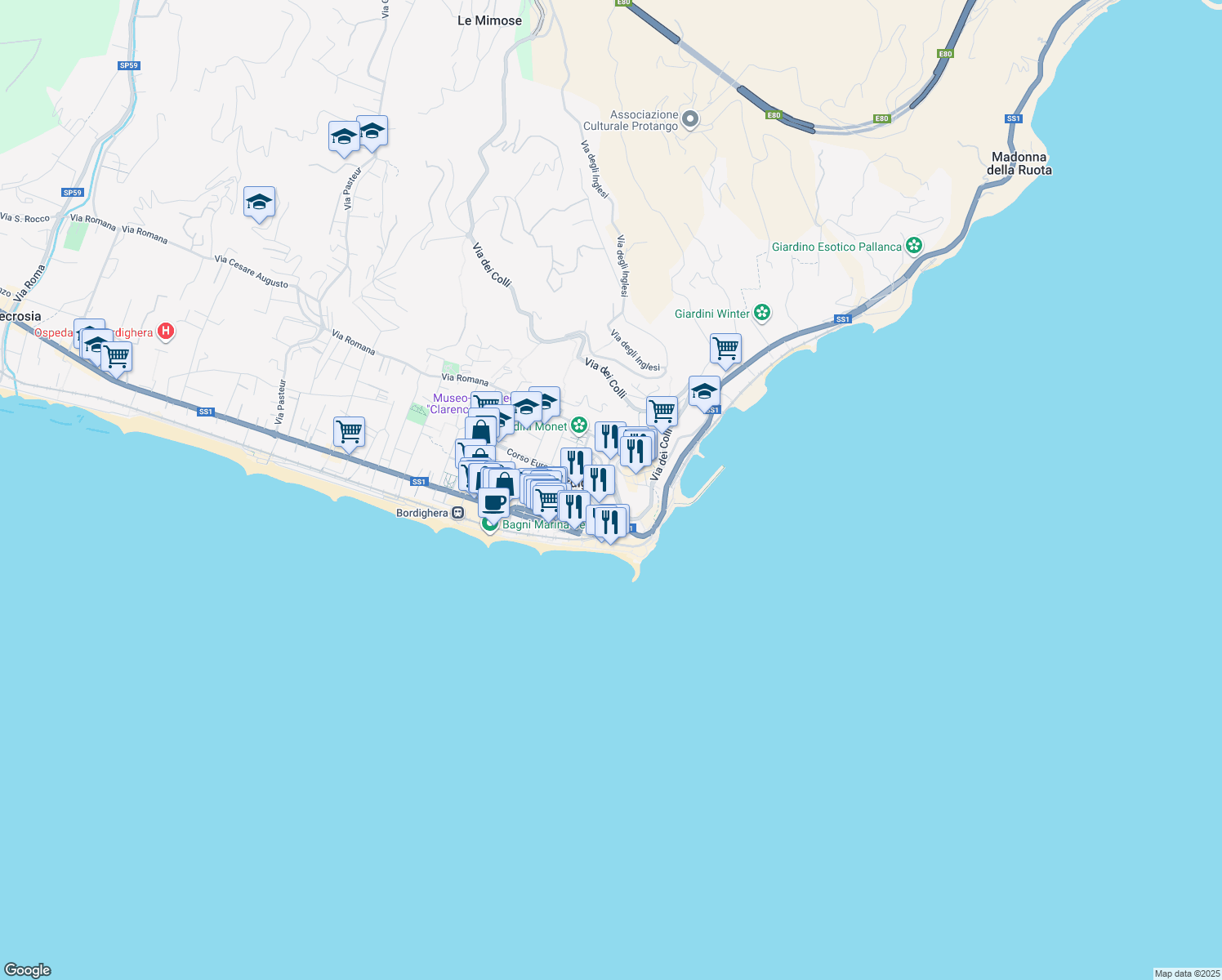 map of restaurants, bars, coffee shops, grocery stores, and more near 29 Via Venti Settembre in Bordighera