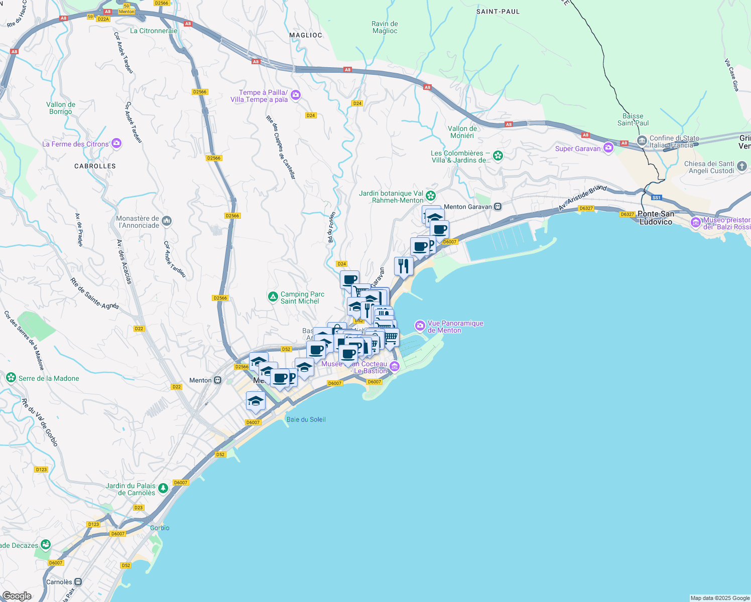 map of restaurants, bars, coffee shops, grocery stores, and more near 8 Avenue Laurenti in Menton