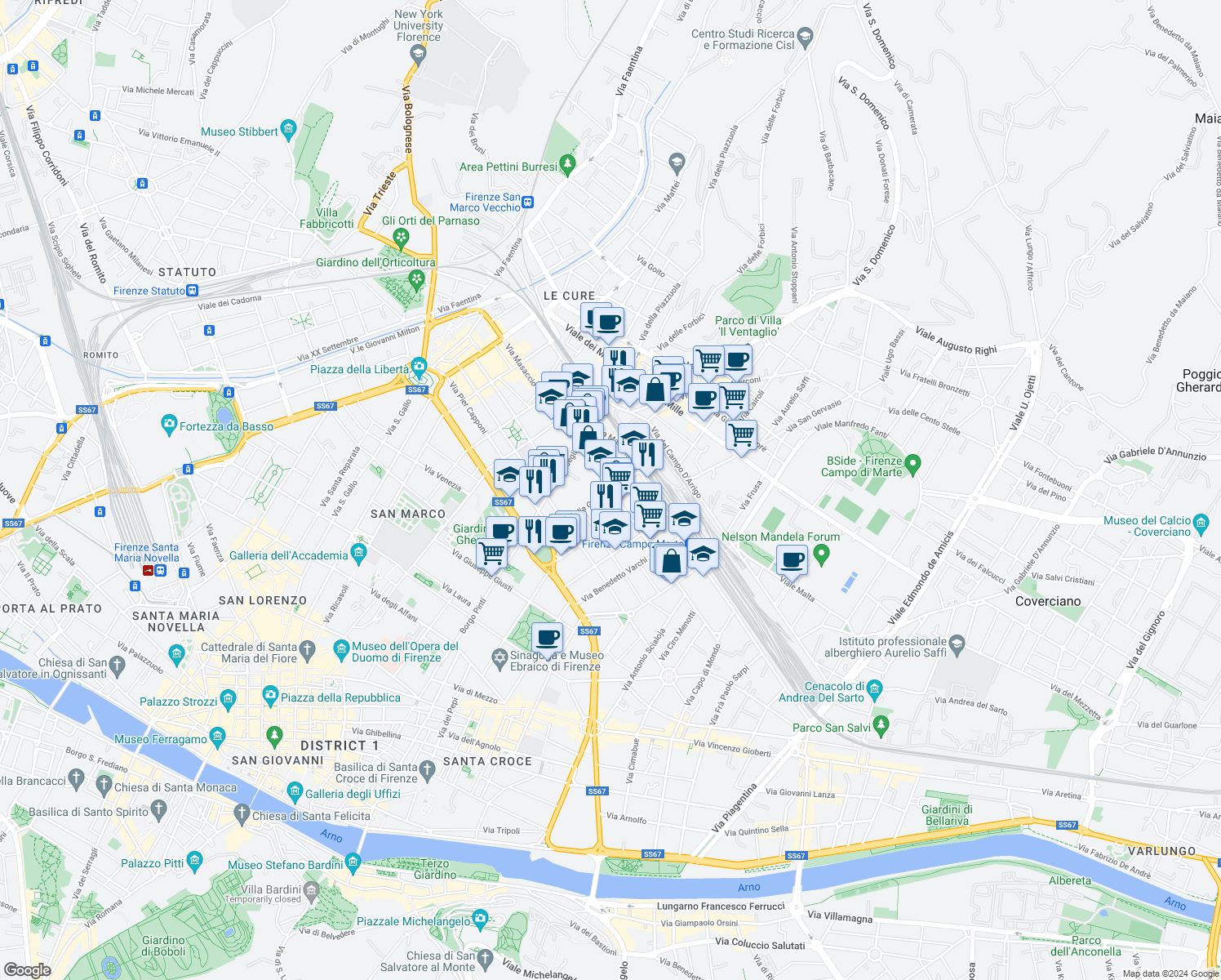 map of restaurants, bars, coffee shops, grocery stores, and more near 34 Via Giambologna in Firenze