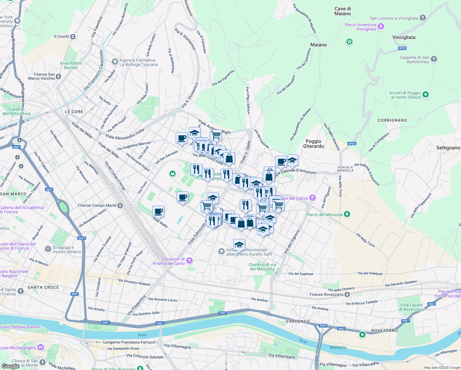 map of restaurants, bars, coffee shops, grocery stores, and more near 31 Viale Eleonora Duse in Florence