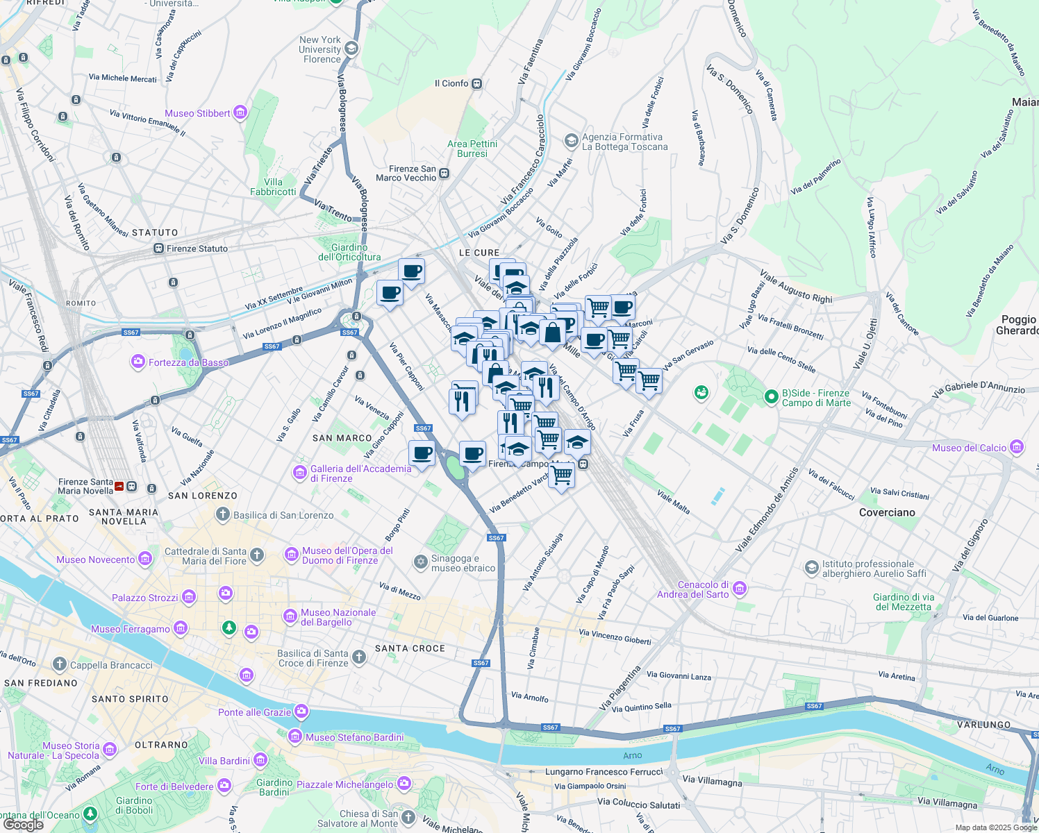 map of restaurants, bars, coffee shops, grocery stores, and more near 34 Via Giambologna in Firenze