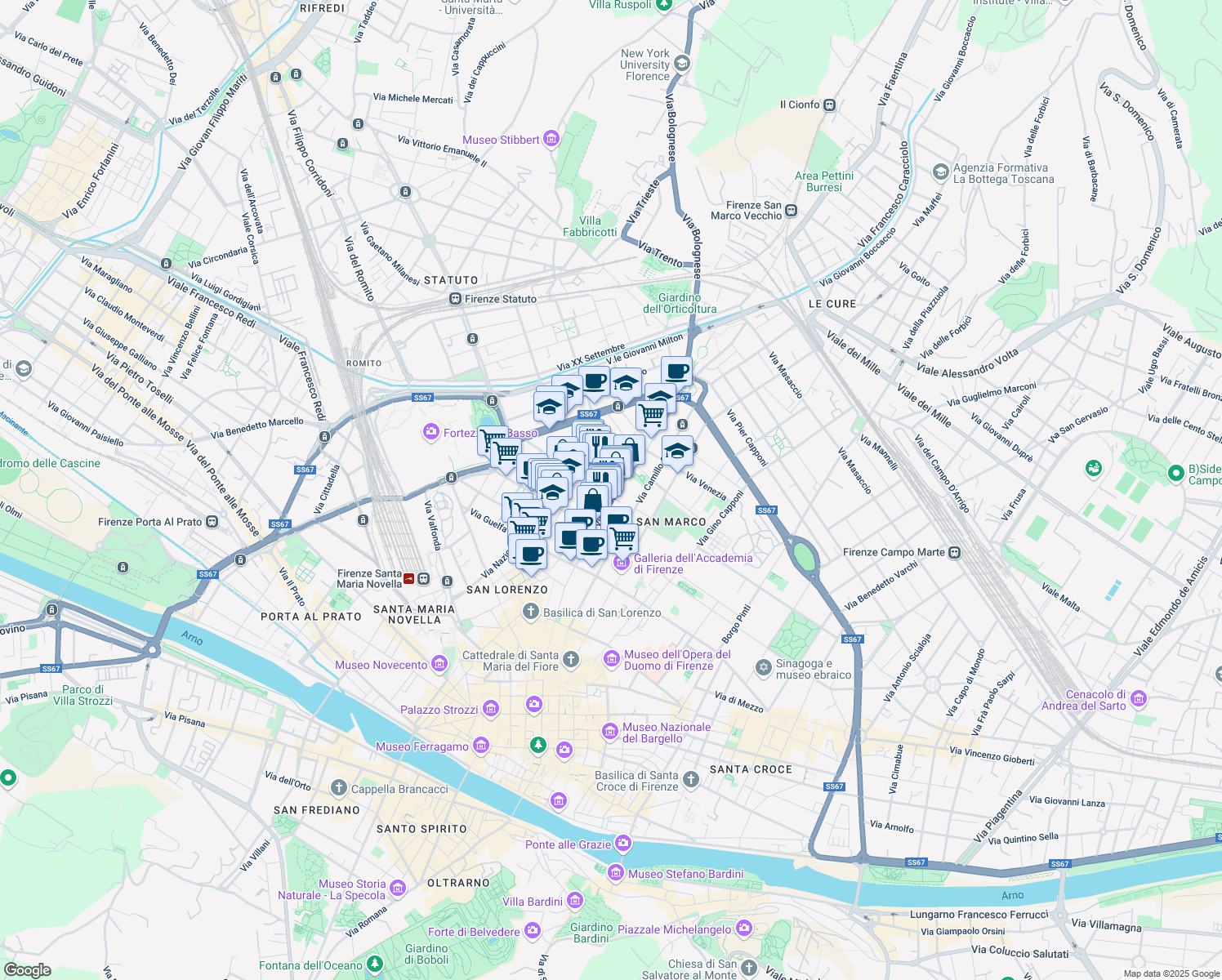 map of restaurants, bars, coffee shops, grocery stores, and more near 10 Via delle Ruote in Firenze