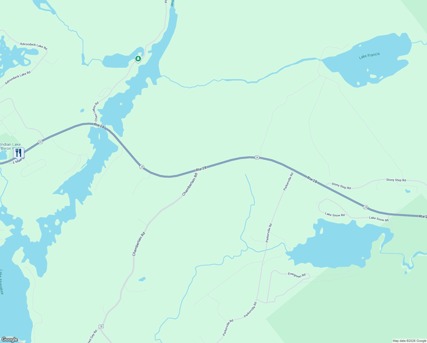 map of restaurants, bars, coffee shops, grocery stores, and more near 6596 New York 28 in Indian Lake