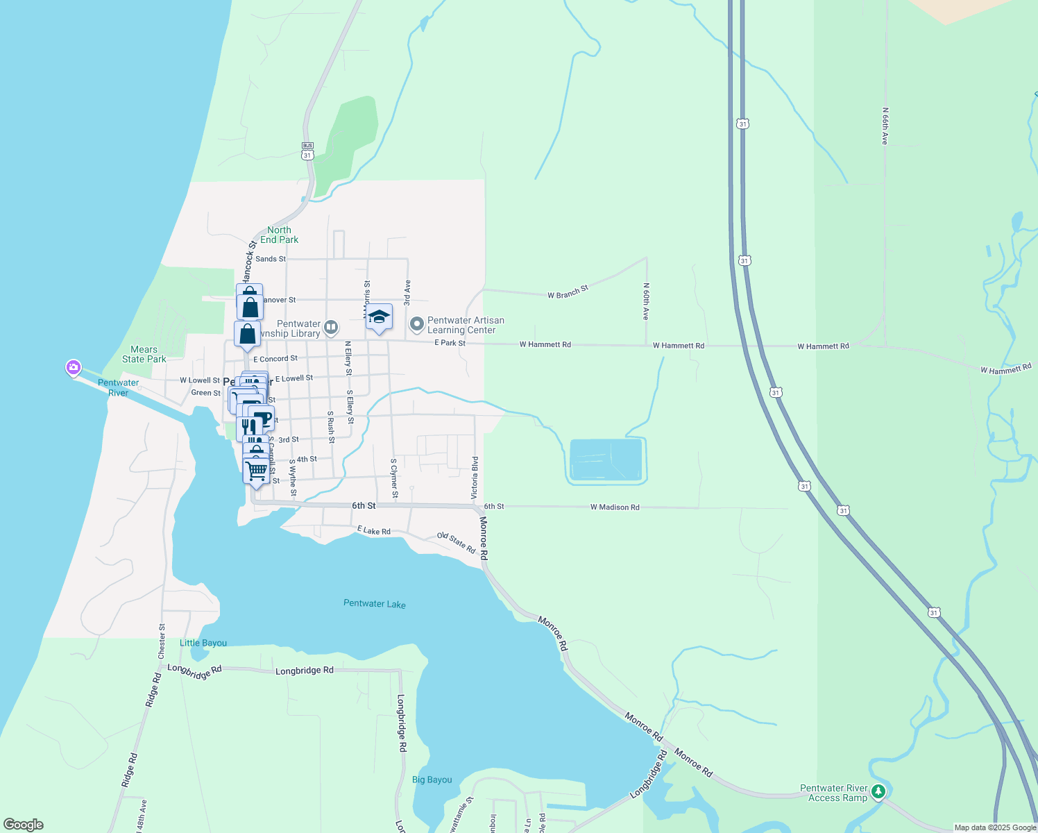 map of restaurants, bars, coffee shops, grocery stores, and more near 5527 2nd Street in Pentwater