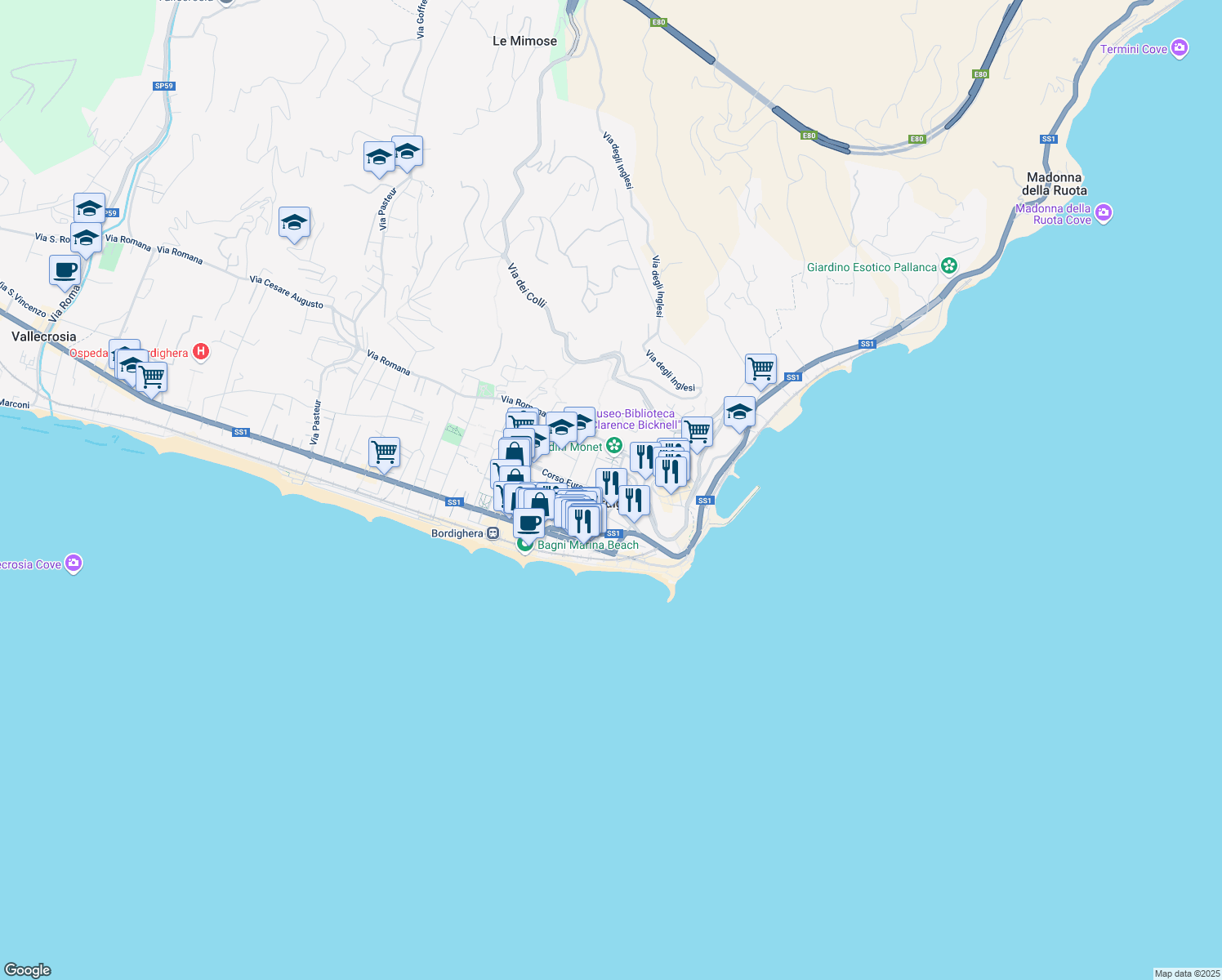 map of restaurants, bars, coffee shops, grocery stores, and more near Via Camillo Benso di Cavour in Bordighera