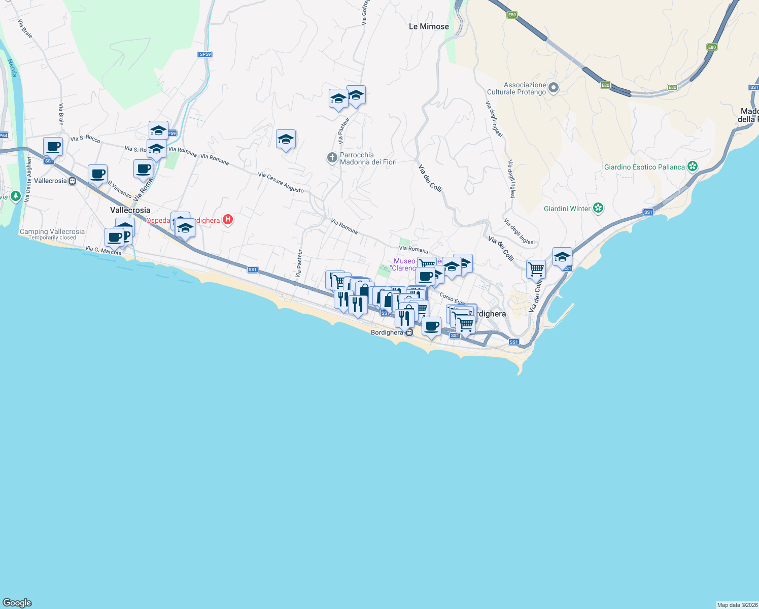 map of restaurants, bars, coffee shops, grocery stores, and more near 28 Via Cesare Balbo in Bordighera