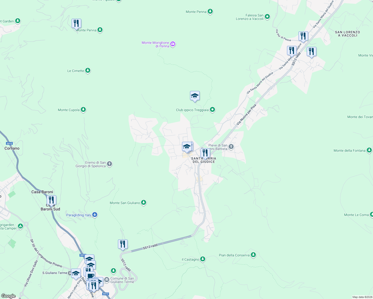 map of restaurants, bars, coffee shops, grocery stores, and more near Via Carlo Barsotti in Lucca
