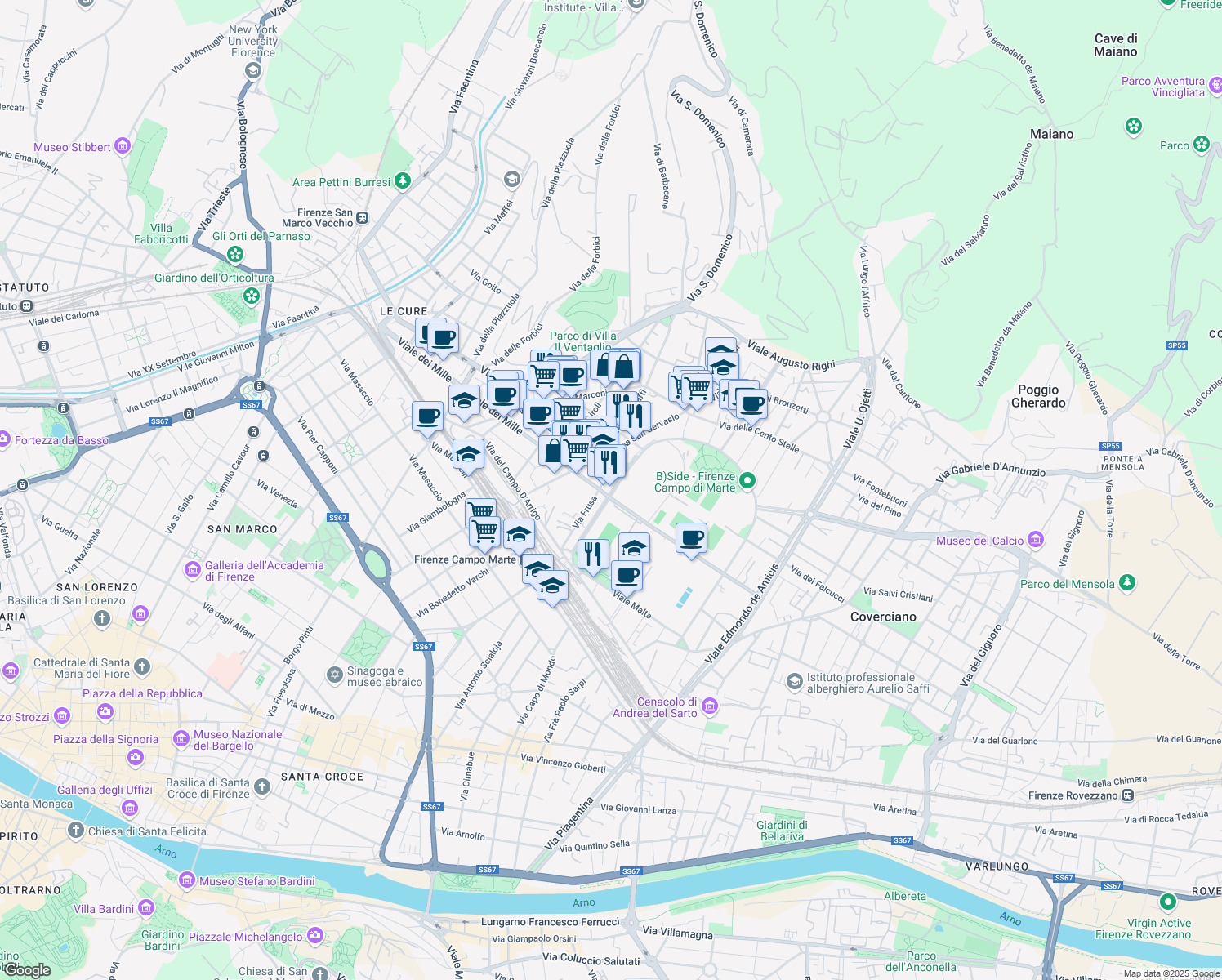 map of restaurants, bars, coffee shops, grocery stores, and more near 1 Viale dei Mille in Firenze